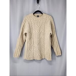 Vintage GAP Sweater Mens Large Beige Cable Knit 100% Lambswool Chunky Preppy